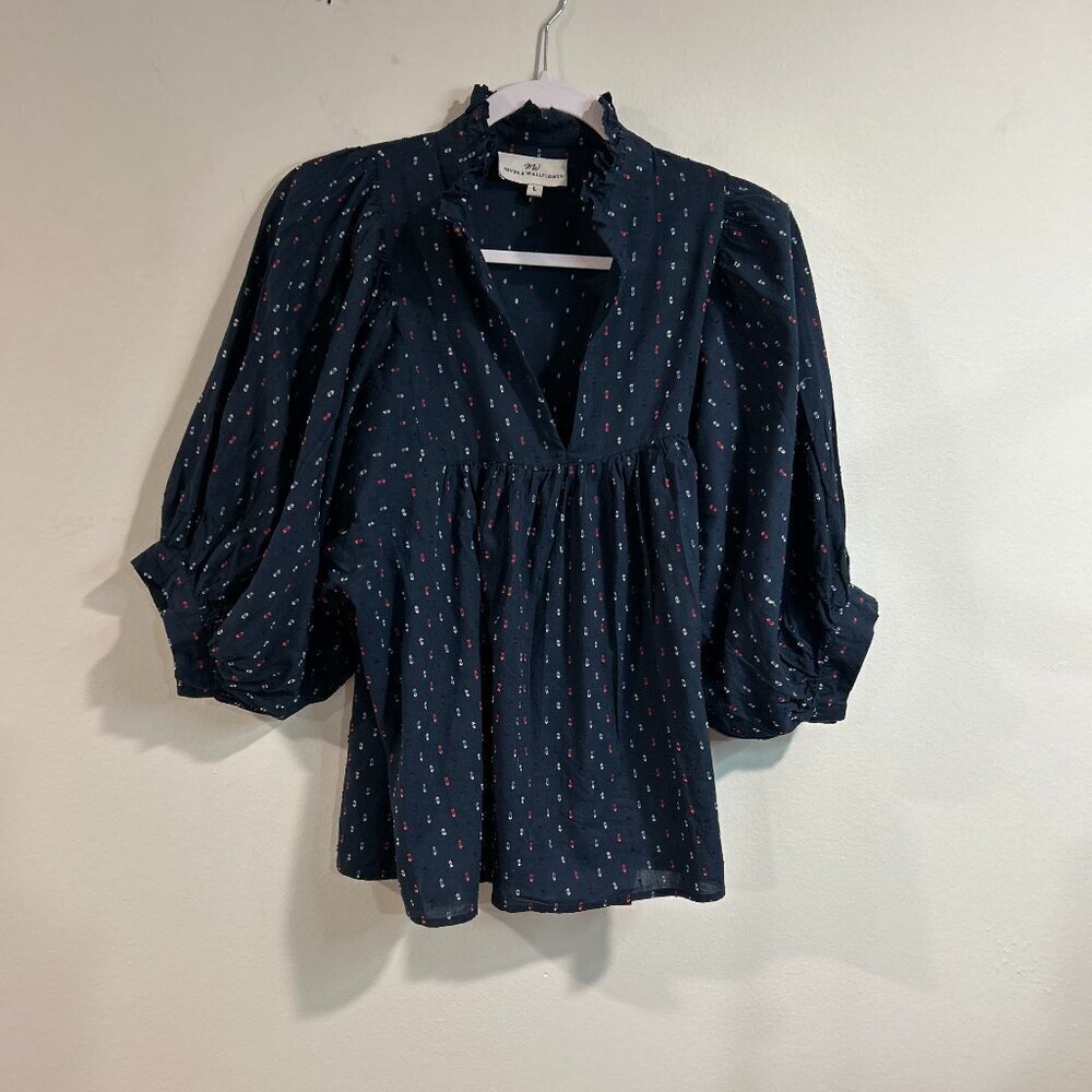 Never A Wallflower Women's Sz L Navy High Neck Ruffle Top Cotton Short Sleeve